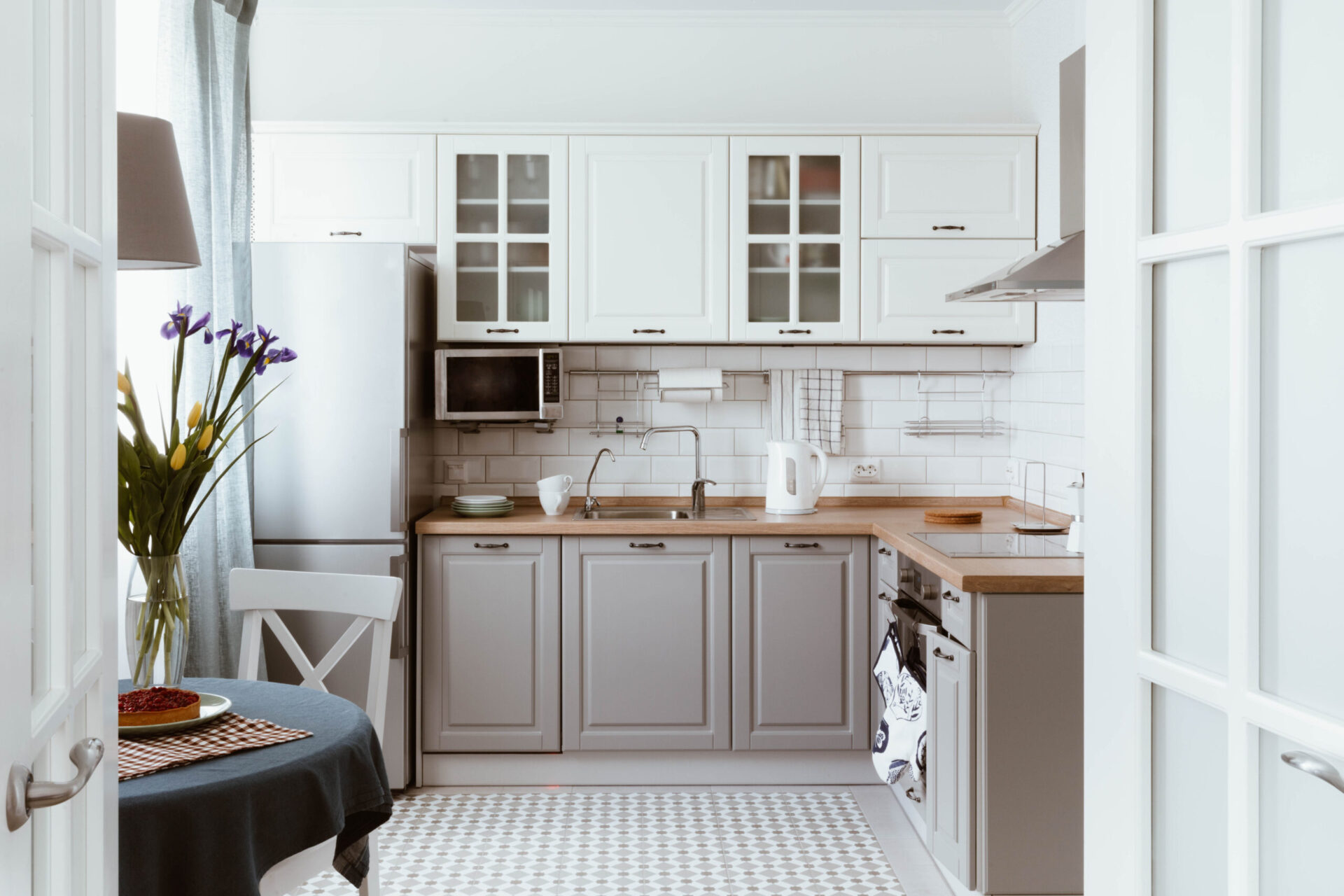Scandinavian interior design. White grey kitchen room organization