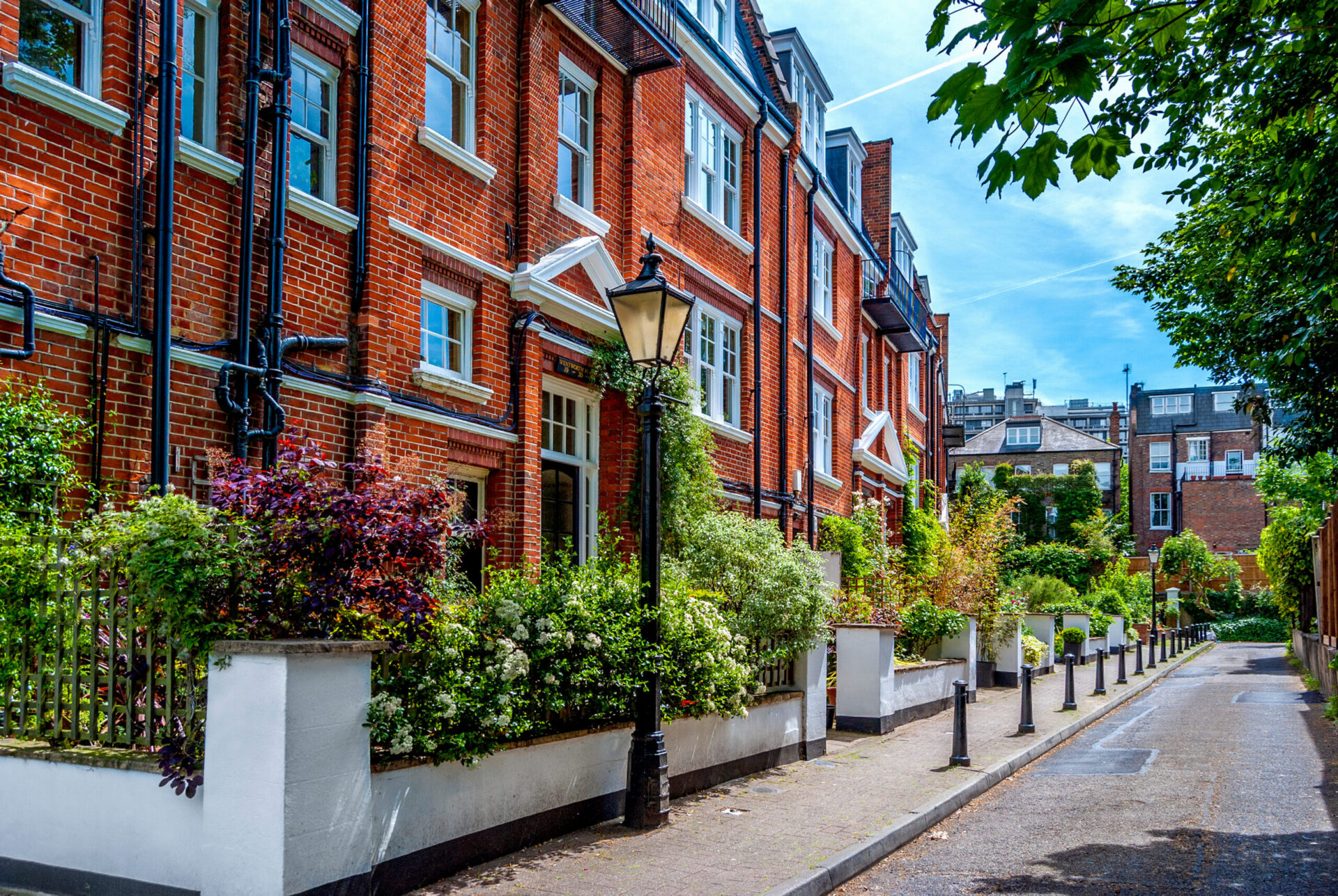 Residential street with red-brick houses and bushes of colorful