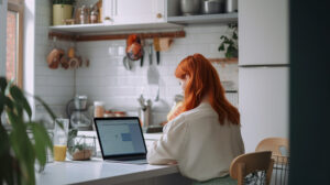 Back view of woman with ginger hair afro style on kitchen working with laptop, AI generative
