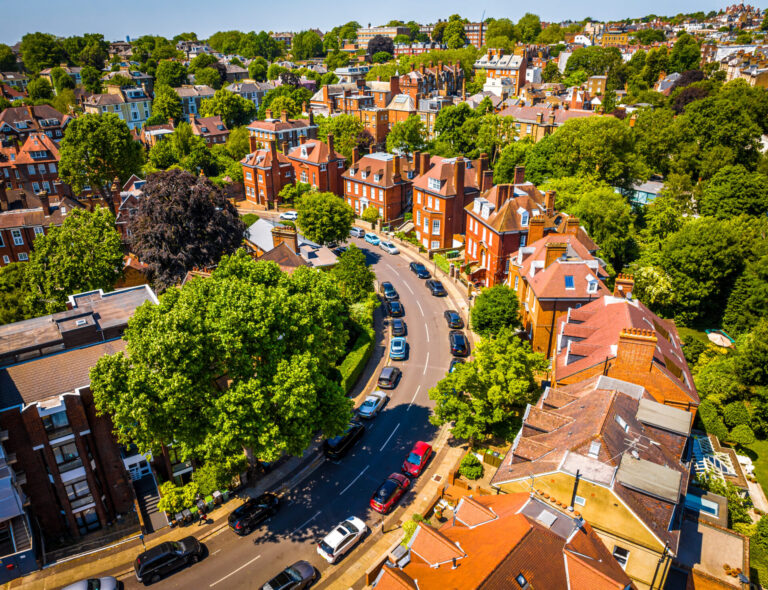 Birds eyed view of red brick houses