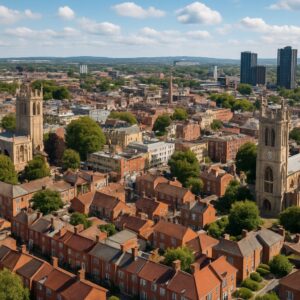 A high-resolution aerial photograph, taken around midday, captures a British cityscape with red-brick homes, historic churches, and modern high-rises surrounded by lush greenery.