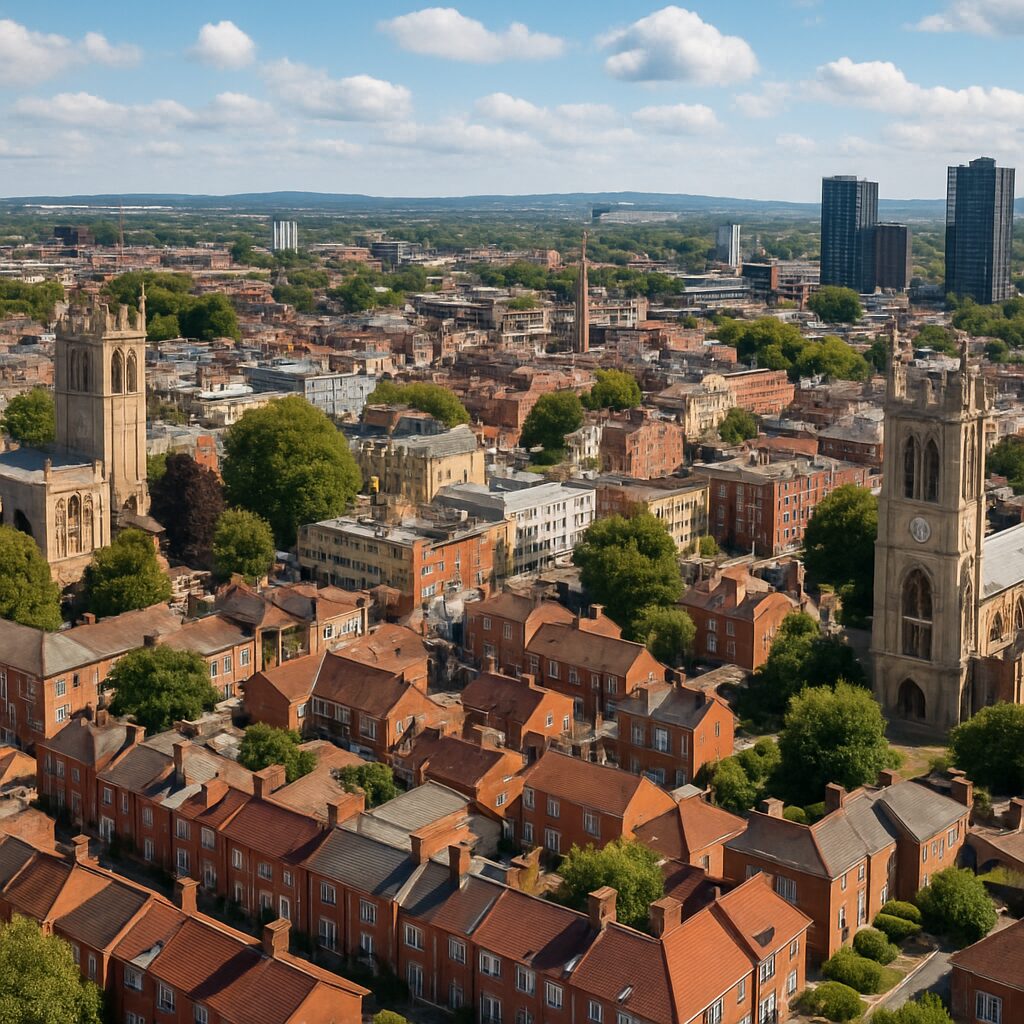 A high-resolution aerial photograph, taken around midday, captures a British cityscape with red-brick homes, historic churches, and modern high-rises surrounded by lush greenery.