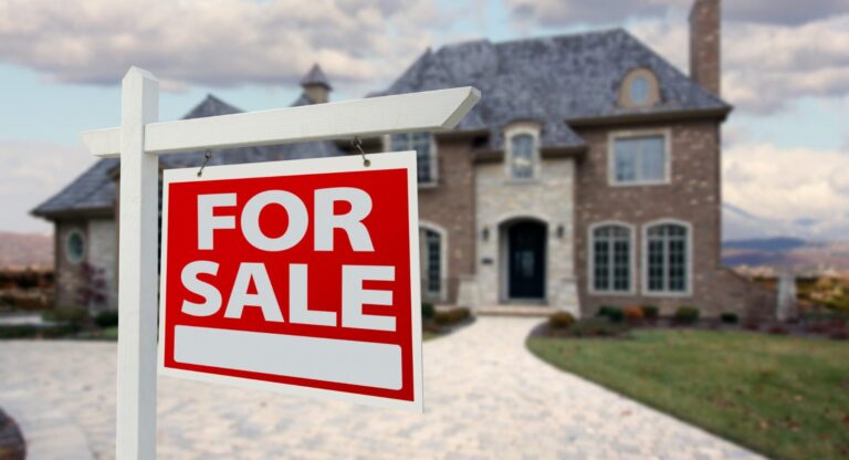 Front view of a house with a weathered For Sale sign left outside for a long time, illustrating why some homes struggle to sell