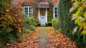 Front garden path covered in autumn leaves leading to a home with wreath on the door