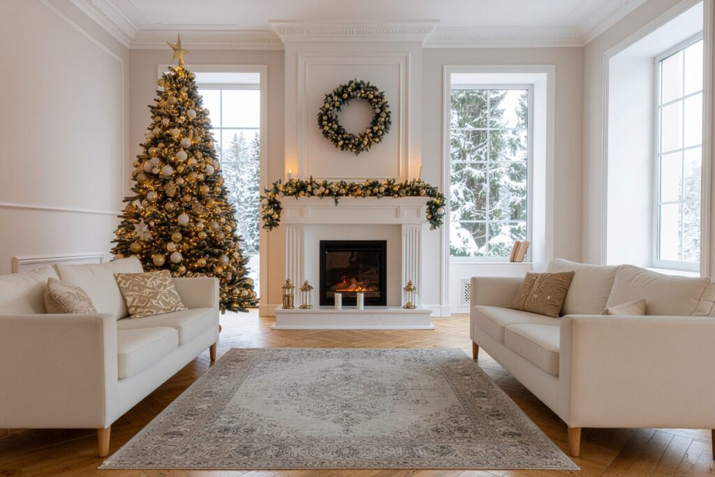 Elegant Stourbridge living room with Christmas tree and fireplace, highlighting safe winter heating, chimney maintenance and boiler compliance