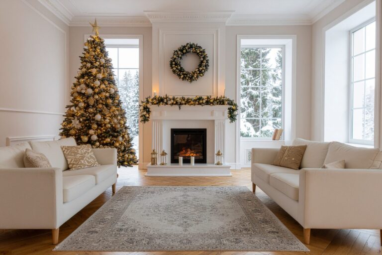 Elegant Stourbridge living room with Christmas tree and fireplace, highlighting safe winter heating, chimney maintenance and boiler compliance