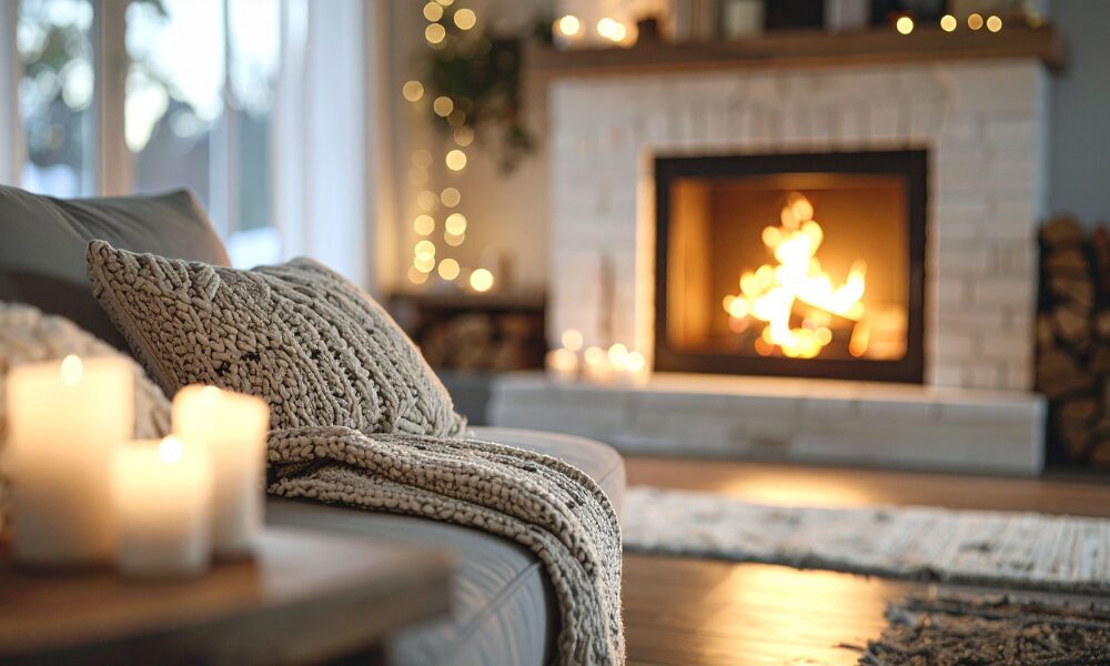 Warm, cosy living room with a lit fireplace and soft furnishings prepared for winter property viewings in Bradford