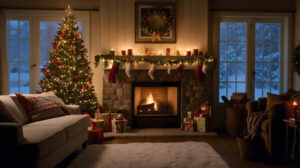 Cosy Christmas living room with decorated tree, fireplace and presents, capturing the warm festive atmosphere after winter walks around Lichfield Cathedral