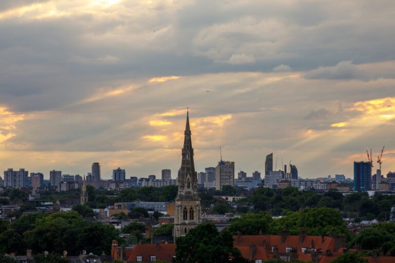 Camberwell skyline with church spire and surrounding London neighbourhood at sunset