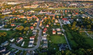 Aerial view of a suburban residential neighbourhood.