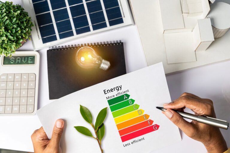Hands holding an EPC energy efficiency chart with solar panels and home models, representing energy upgrades for rental properties