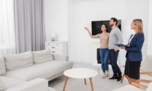 Letting agent showing a modern living room to a professional couple