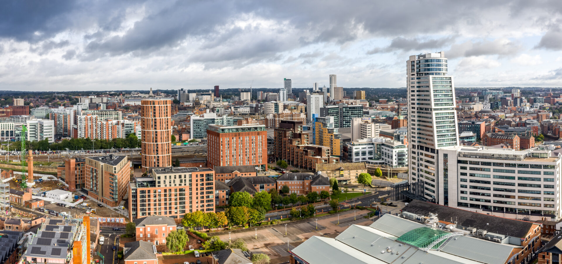 Leeds South Bank skyline in 2026 showing Aire Park, modern waterfront apartments and LS10 city centre developments.