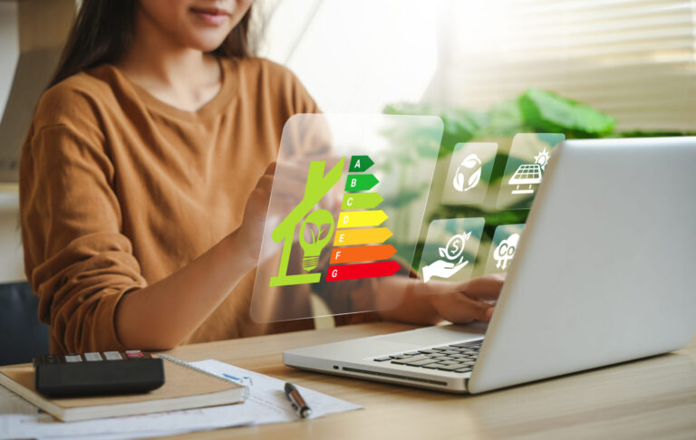 Person reviewing an EPC energy rating chart on a laptop at home