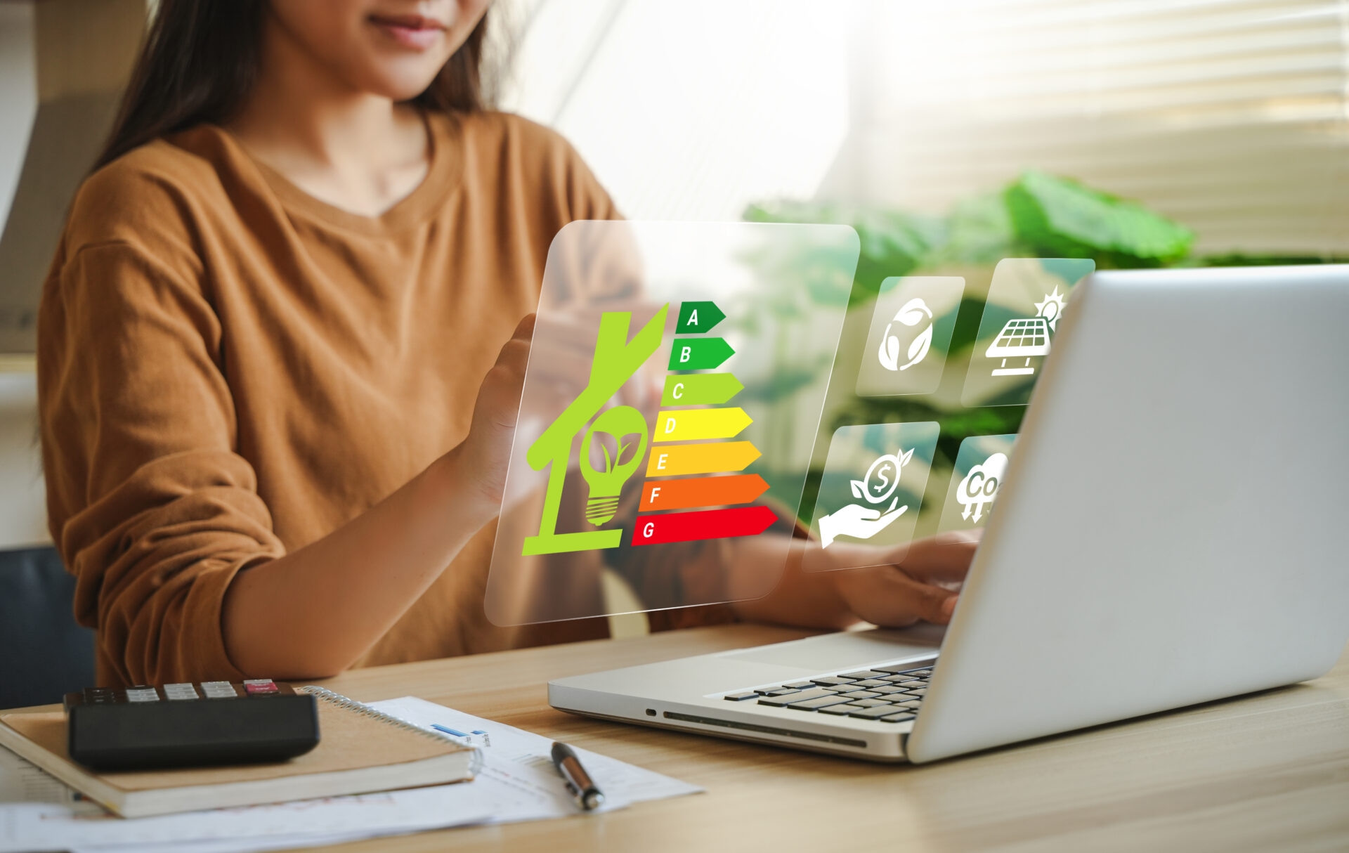 Person reviewing an EPC energy rating chart on a laptop at home