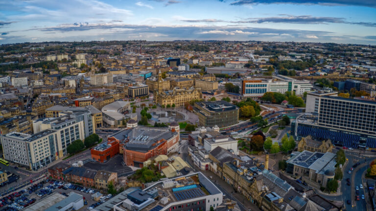Aerial view of Bradford city centre highlighting BD1 property market growth