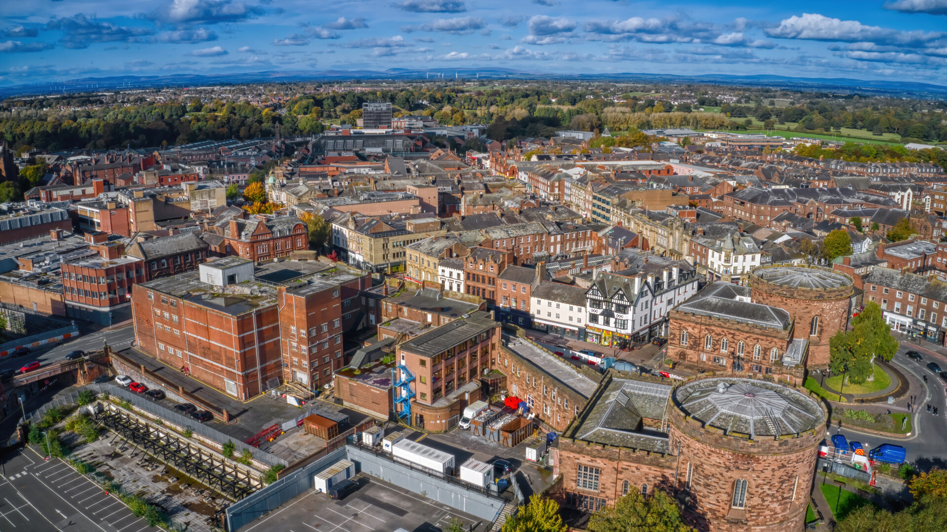 Aerial view of Carlisle city centre showing residential and commercial property areas
