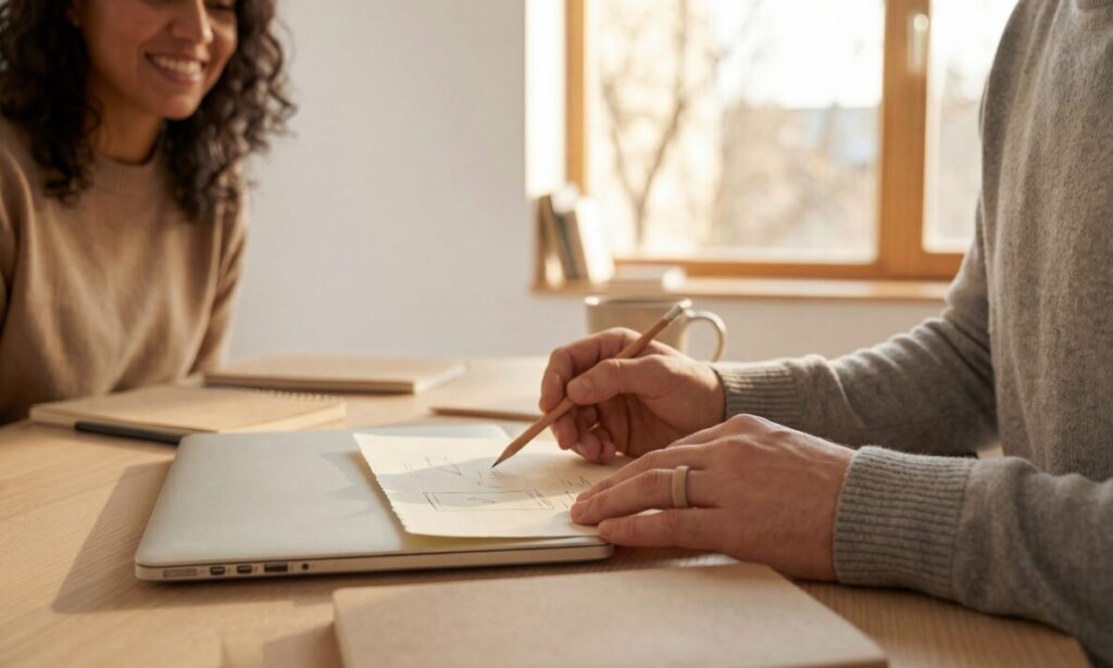 Landlord and tenant discussing property plans and rental investment opportunities at a table in a bright modern home.