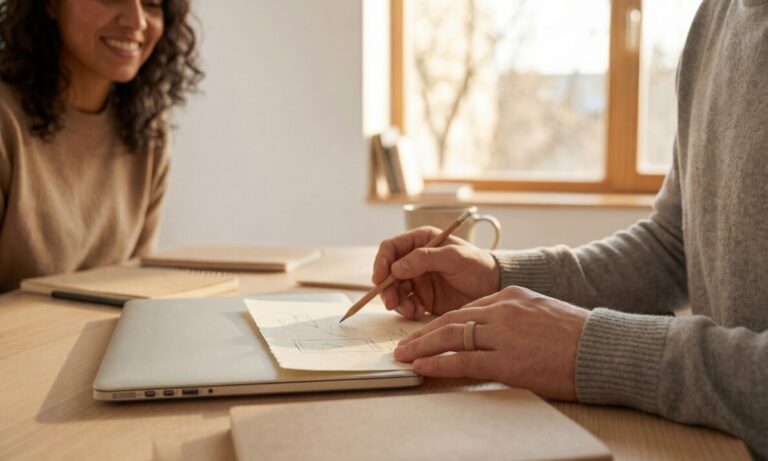 Landlord and tenant discussing property plans and rental investment opportunities at a table in a bright modern home.