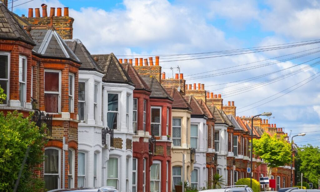 Traditional terraced homes in a residential Tamworth neighbourhood with colourful Victorian-style properties