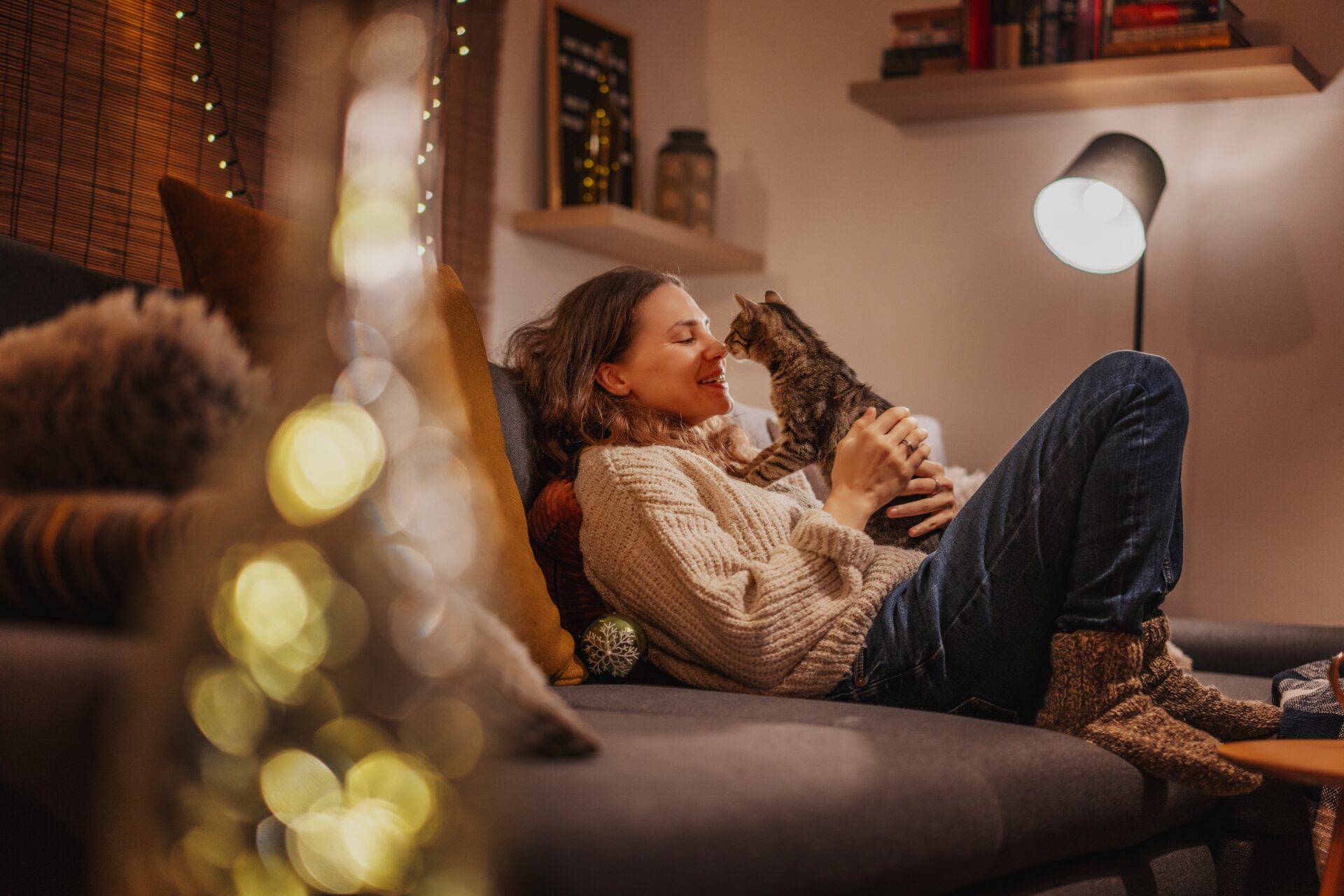 Woman relaxing on a sofa with her pet in a cosy, warmly lit living room, reflecting home life in Staveley LA8 near Kendal