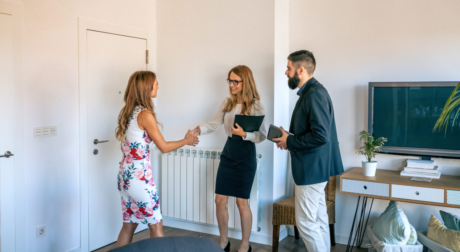 Estate agent shaking hands with a homeowner during a property consultation in a bright, modern living room.